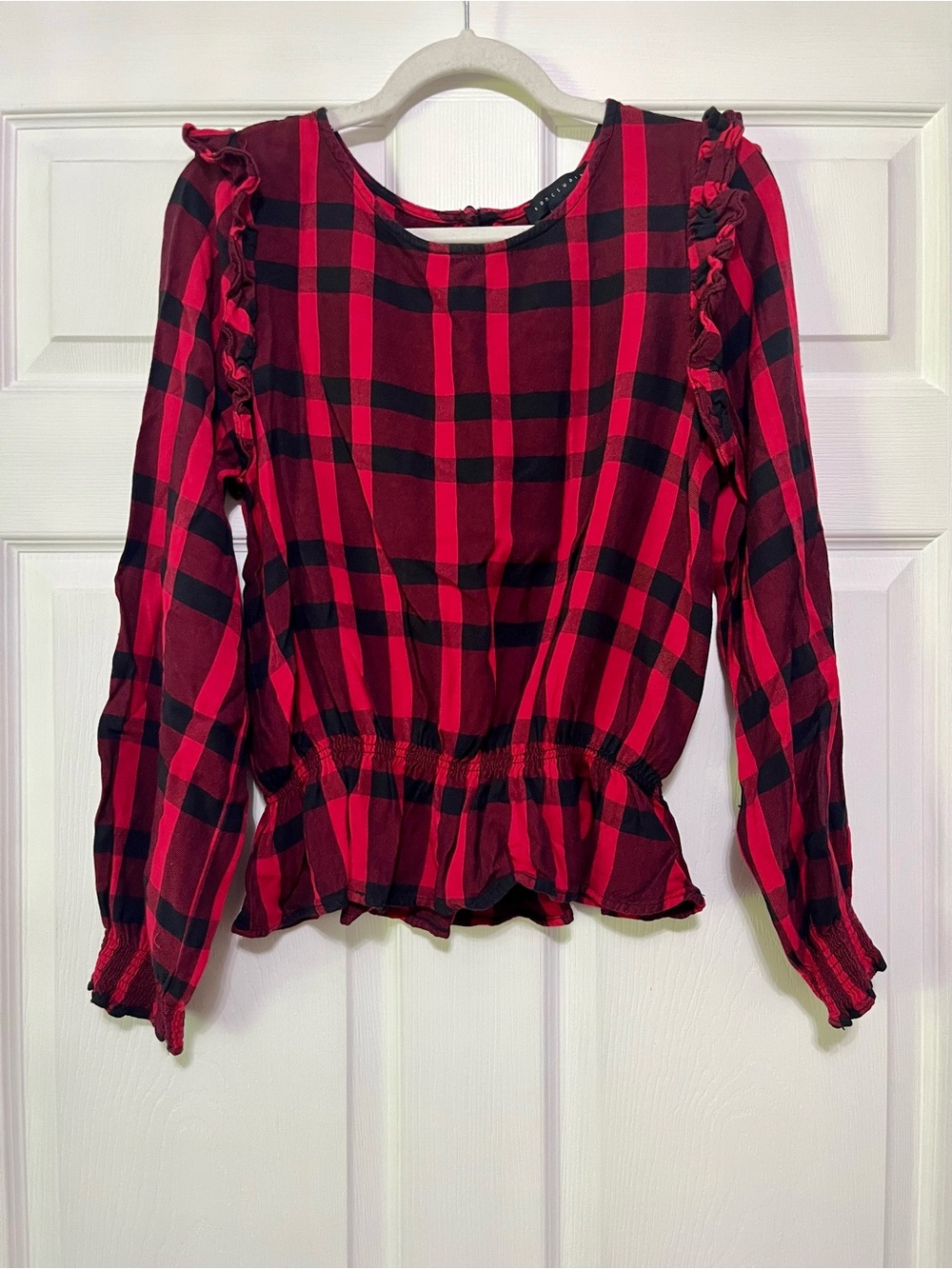 Sanctuary Red and Black Buffalo Plaid Ruffle Long-Sleeve Top Size Medium
